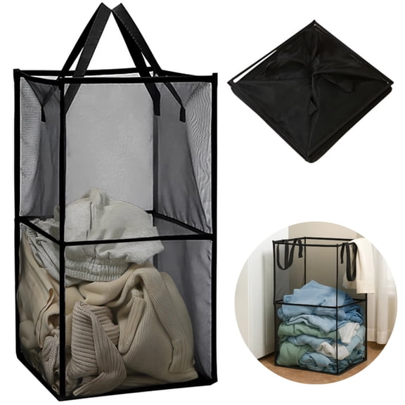 Collapsible Double-layer Laundry Basket Black Mesh, Large Foldable Washing Basket with Handles, Polyester Material, 26" x 13" x 13", Ideal for Home and Travel Storage