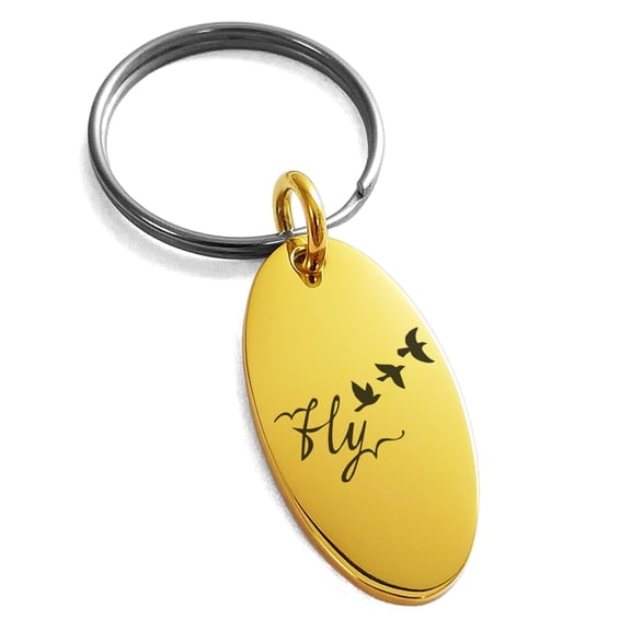 Stainless Steel Fly Away Engraved Small Oval Charm Keychain Keyring