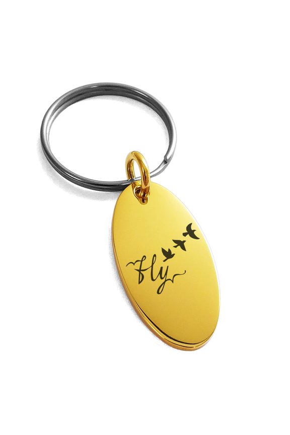 Stainless Steel Fly Away Engraved Small Oval Charm Keychain Keyring