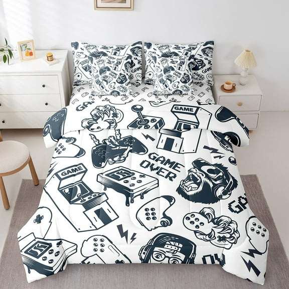 Erosebridal Teens Gaming Bedding Sets Twin Size, Cartoon Gamepad Comforter Sets with Sheets, Video Game Decor, Reversible 7pcs