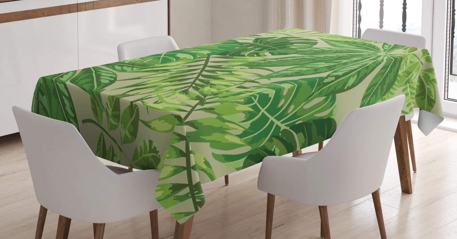 Green Leaf Tablecloth, Exotic Pattern with Tropical Leaves Fresh Jungle