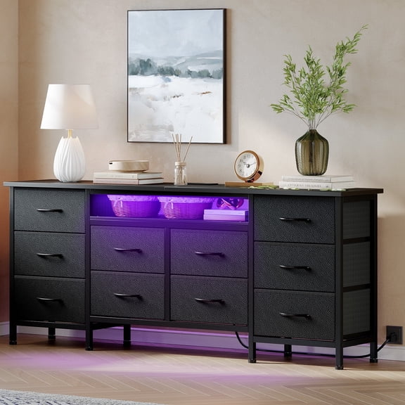Kicctian 63" Wide Black Dresser with 10 Fabric Drawers Dresser with LED Lights and Power Outlet – Dresser for Bedroom & TV Stand for Living Room
