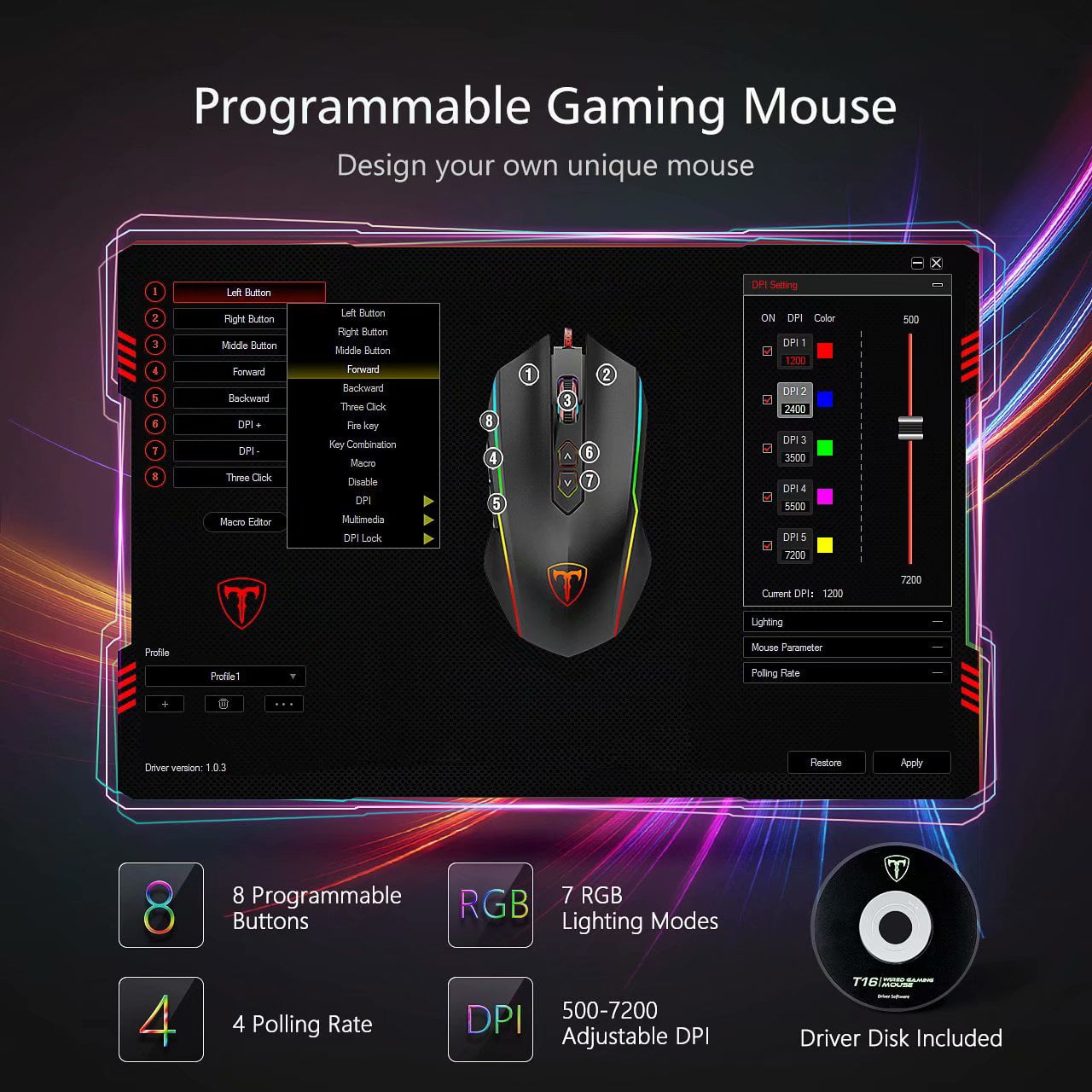 pictek gaming mouse wired, 8 programmable buttons, chroma rgb backlit, 7200 dpi adjustable driver
