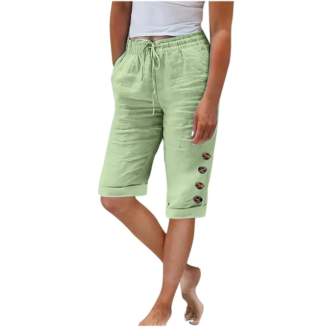Timegard Womens Shorts Elastic Waist Button Drawstring Straight Leg Casual Knee Length Pants Summer