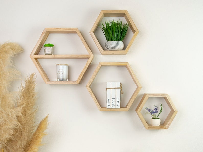 Geometric Hexagon Honeycomb Natural Wood Floating Shelves (4 Count)