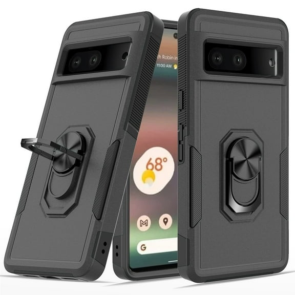 For Google Pixel 6A Hybrid Tough Strong Dual Layer Hard PC TPU with Flat Magnetic Ring Stand Heavy-Duty Armor Design Cover ,Xpm Phone Case [ Black ]