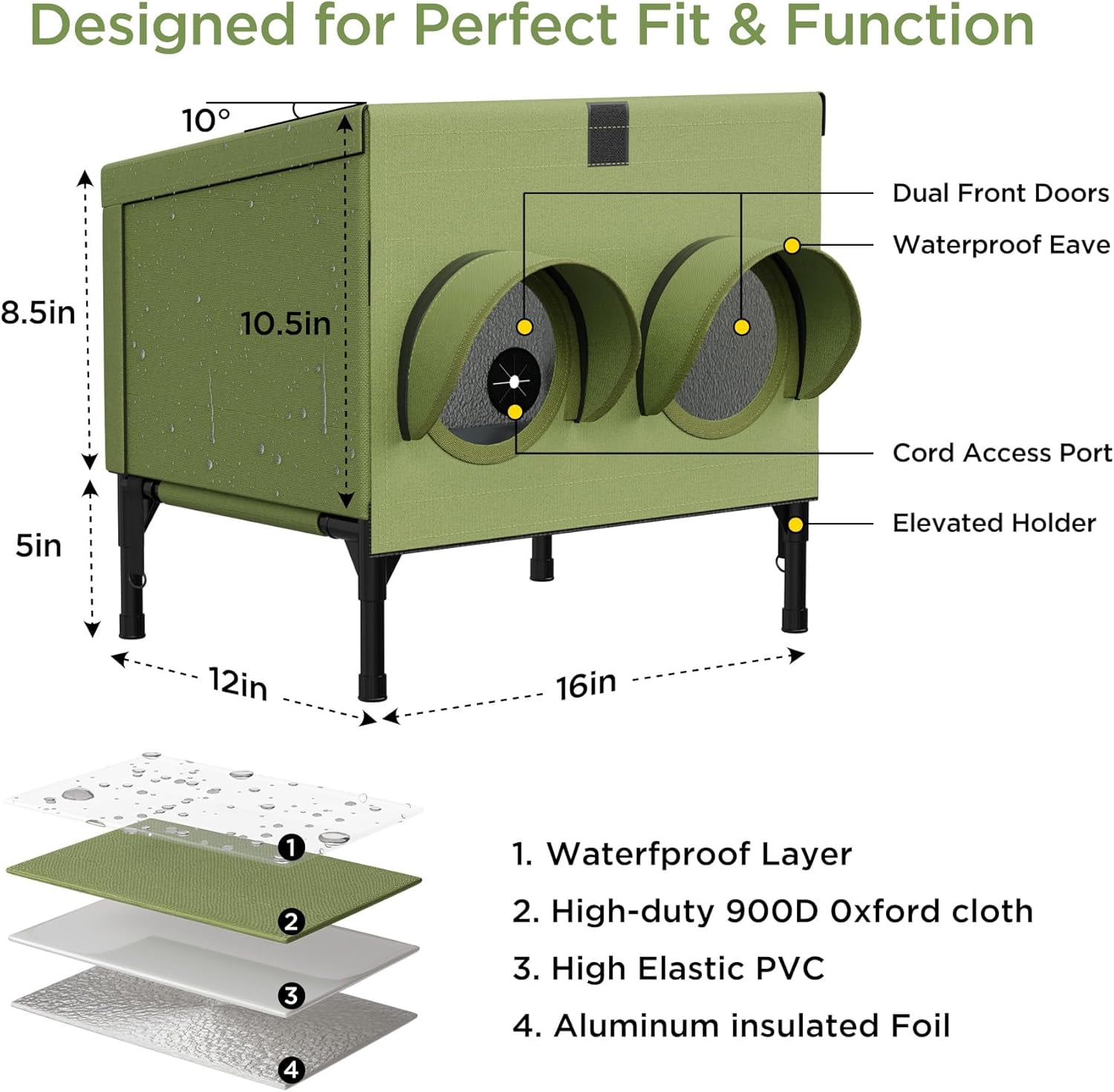 Outdoor Cat Feeding Station – Waterproof Dining Shelter for Feral & Community Cats, Insulated Roof & Walls, Dual-Feed Hole Design, Connects to Cat House – Green, 16"×12"×15.5"