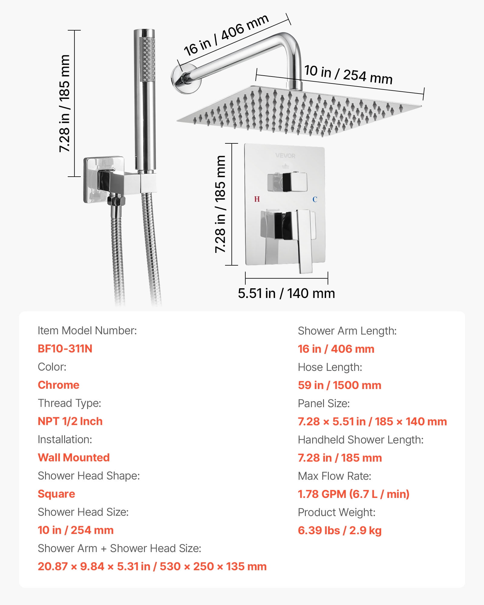 VEVOR Shower Faucet Set, Rainfall Bathroom Shower System with 10-Inch Square Rain Shower Head and Handheld Spray, Wall Mounted Bath Fixtures with Brass Valve and Trim Kit, Silver Chrome