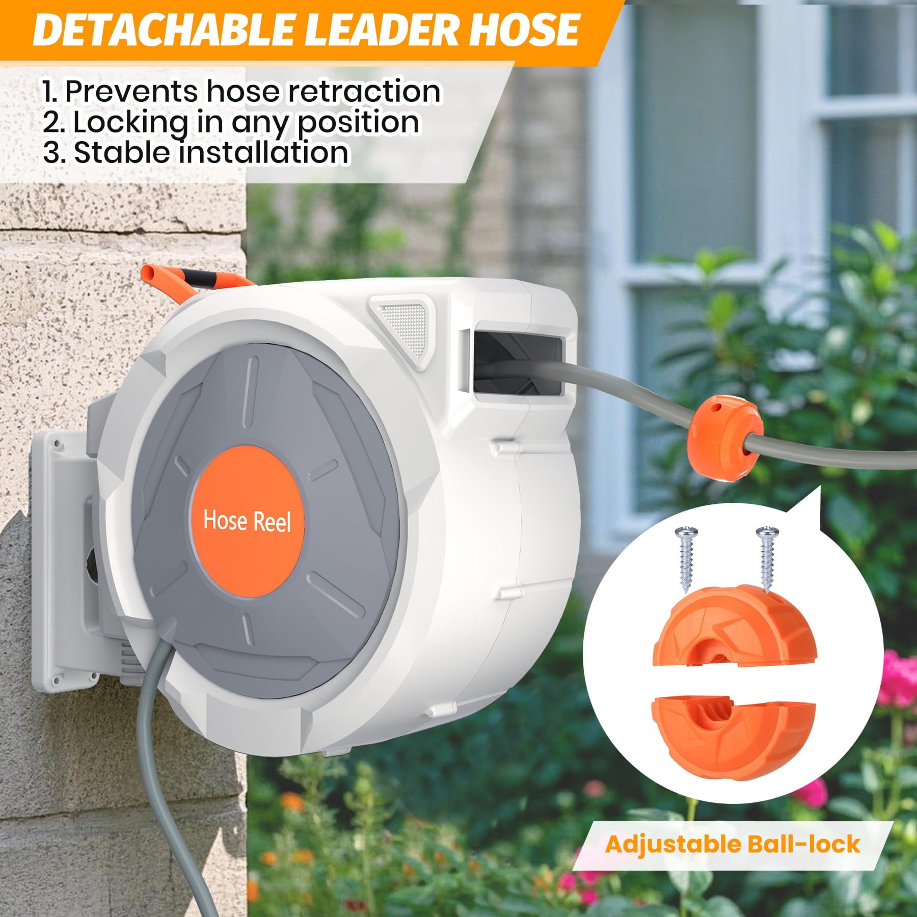 Retractable Garden Hose Reel 1/2 in x 130 ft - Wall Mounted, Heavy Duty UV Resistant - Automatic Rewind & Slow Return, Any-Length Lock, 180° Swivel Bracket, 9-Function Sprayer Nozzle