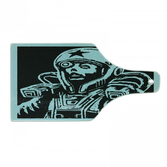 Astronaut Cutting Board, Female Astronaut Space Woman Science Fiction Theme Hand Made Drawing Space Galaxy, Tempered Glass Cutting and Serving Board, Wine Bottle Shape, Teal Black, by Ambesonne