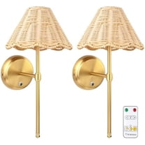 Battery Operated Boho Rattan Wall Sconce Set of 2, Stepless Dimming Magnetic Wall Lamp, 5200mAh Rechargeable Battery and Integrated LED, for Living Room Bedroom Hallway Corridor