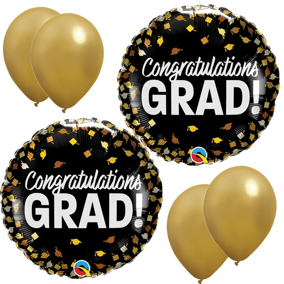 LoonBalloon Graduation Black Gold Theme Graduation Confetti Caps Balloon(2 pcs) Set with 4 latex