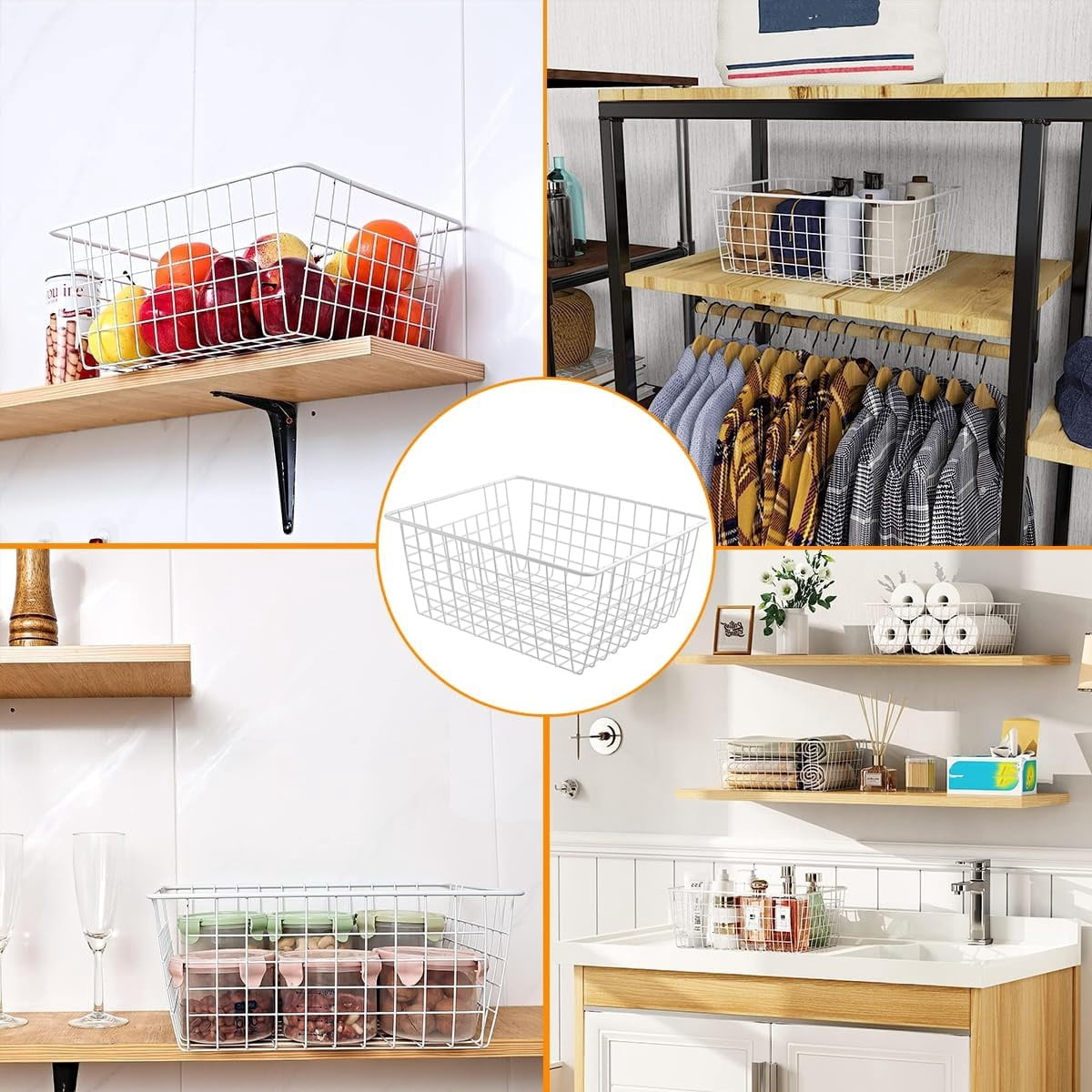 4 Pack Wire Baskets Storage Bin Organizer for Pantry Organizers and Storage, Kitchen Organization Counter Basket for Fruit, Vegetable, Produce, Bread, Potato and Onion Storage Bins(White,Small)