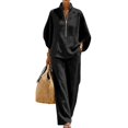 thumbnail image 4 of 2 Piece Outfit for Women Stand Collar Half Zip 3/4 Batwing Sleeve Blouse Matching Wide Leg Pants Solid Linen Look Casual Travel Suit for Spring Summer Vacation Daily Wear, 4 of 5