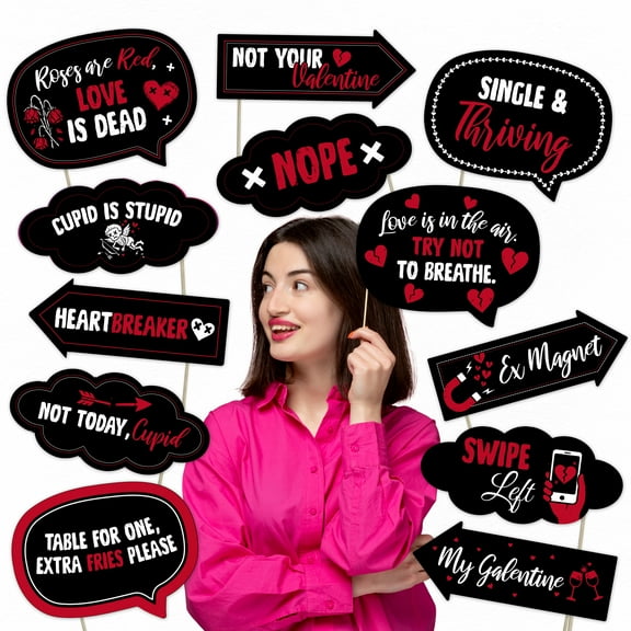 Anti-Valentine’s Day Photo Booth Props Pack – 12pcs Funny Galentine’s Party Decoration Set with Sassy Sayings | Black & Red Selfie Props Kit for Singles Party Supplies