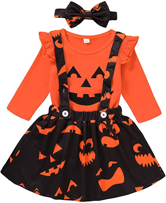 3PC Toddler Girls Halloween Outfits Long Sleeve Shirt+Pumpkin Suspender Skirt Headband Strap Overall Dress Set