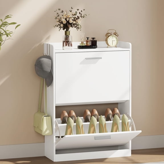 23.6" Modern White Shoe Storage Cabinet with 2 Flip Drawers Slim Freestanding Entryway Organizer