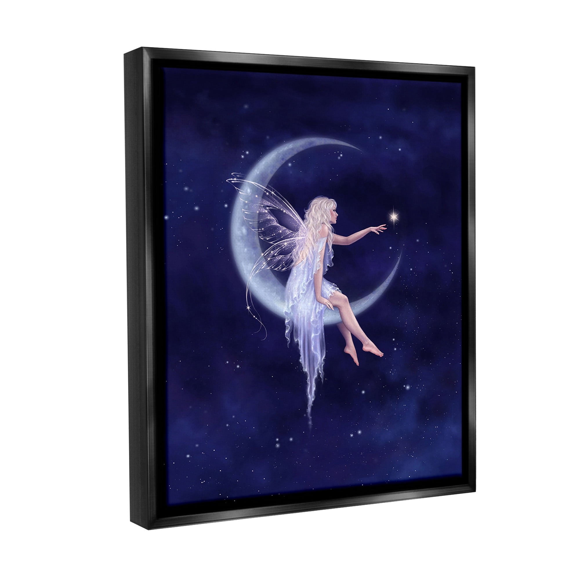 Stupell Industries Fairy & Crescent Moon Fairy Tales & Fantasy Painting Black Floater Framed Canvas Art Print Wall Art, 17 x 21