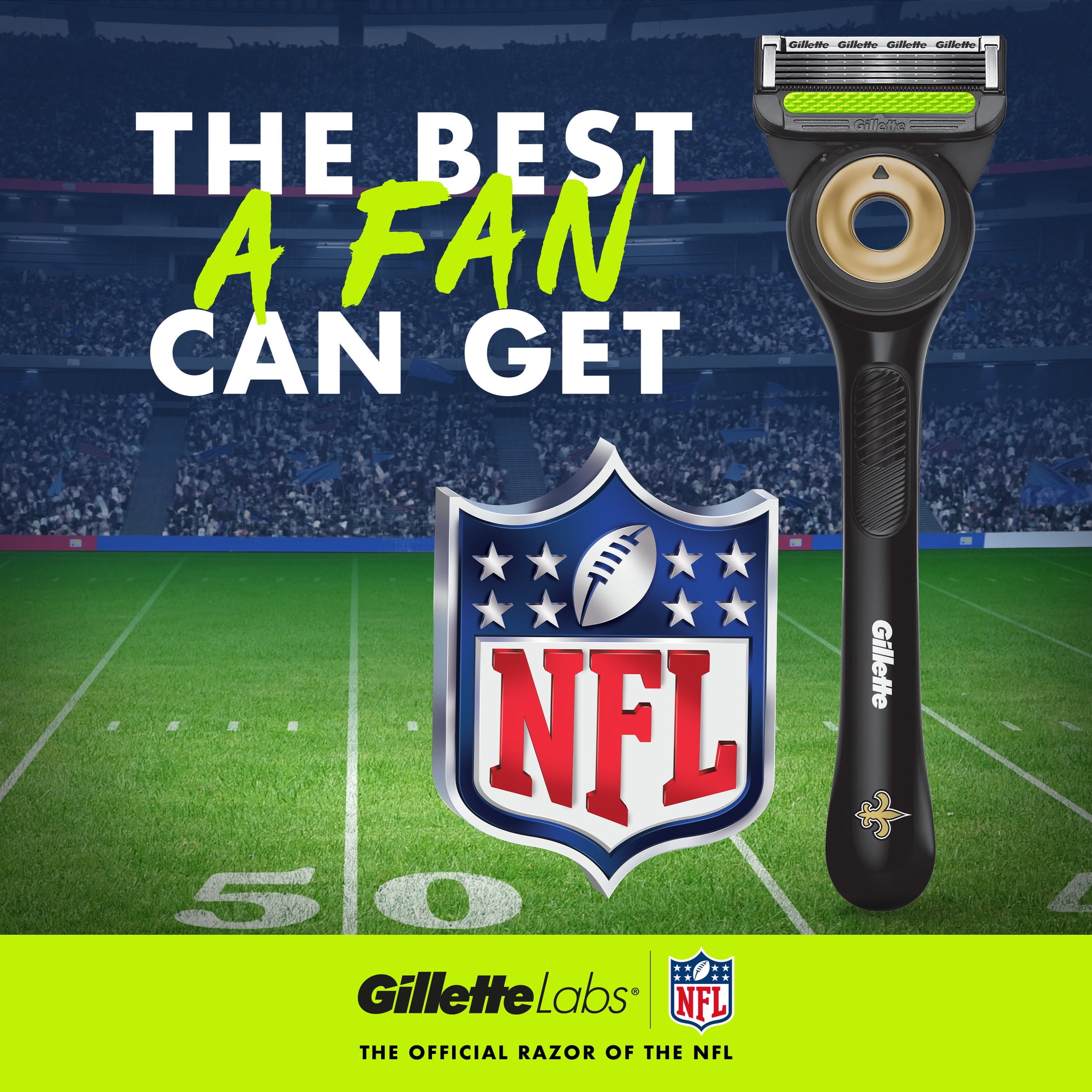 Gillette Labs Official Saints Licensed Razor for Men, Perfect for Game Day Grooming, Gillette Labs with Exfoliating Bar, 1 Handle, 4 Blade Refills, with Magnetic Stand
