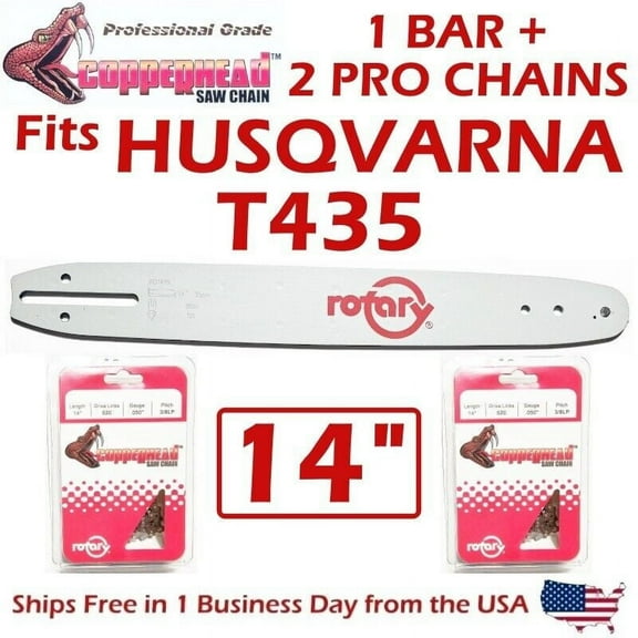 COPPERHEAD 14" Chainsaw Bar  2 PRO Chains for HUSQVARNA T435 - Low Profile 3/8" .050 Gauge 52 DL