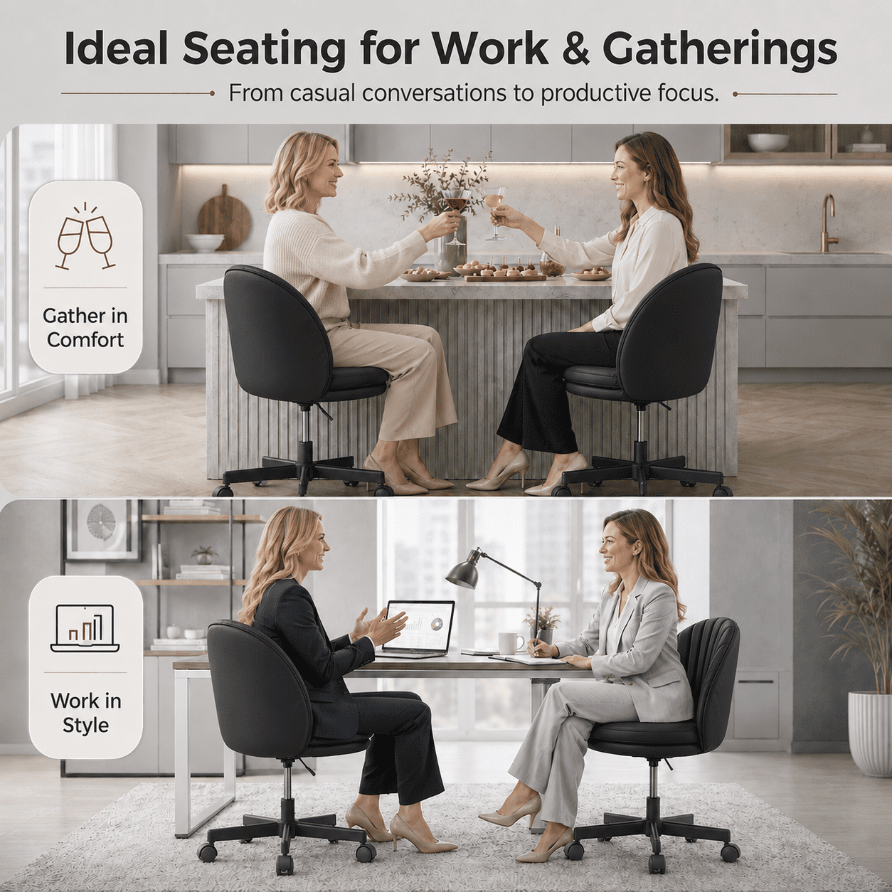 LUCKLIFE Office Desk Chair with Shell Back, PU Leather Mid-Back Task Chair, Armless Computer Chair for Home Office, Black