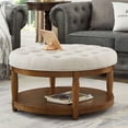thumbnail image 2 of S-HOME Large Round Upholstered Tufted Linen Ottoman Coffee Table, Large Footrest Ottoman with Wood Shelf Storage, Ivory, 2 of 6