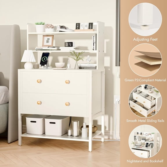 JUIKURY 24 Inch Wide Night Stand, Large Wooden Night Stand with 2 Adjustable Drawes, Tall Nightstand with 4-Tier Shelves and Charging Station, Bedside Table for Living Room/Bedroom/Office, White