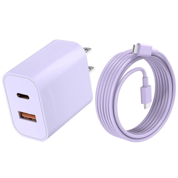 JcBlaon Wall Fast Charger Block 20W USB C Type C Dual Port Phone Charger 10 Ft Charging Adapter and Wall Charger Power Adapter Plug Compatible for iPhone Samsung Galaxy iPad AirPods & More, Purple