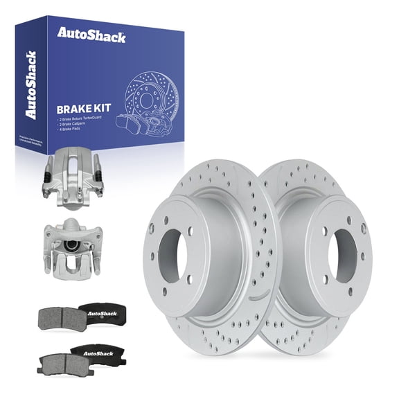 AutoShack Rear Solid Drilled & Slotted Coated Brake Rotors Silver Matte Finish   Ceramic Pads   Calipers 8-PC Brake Kit Replacement for 2010-2017 Jeep Patriot TurboGuard 11.85" (301.1 mm)