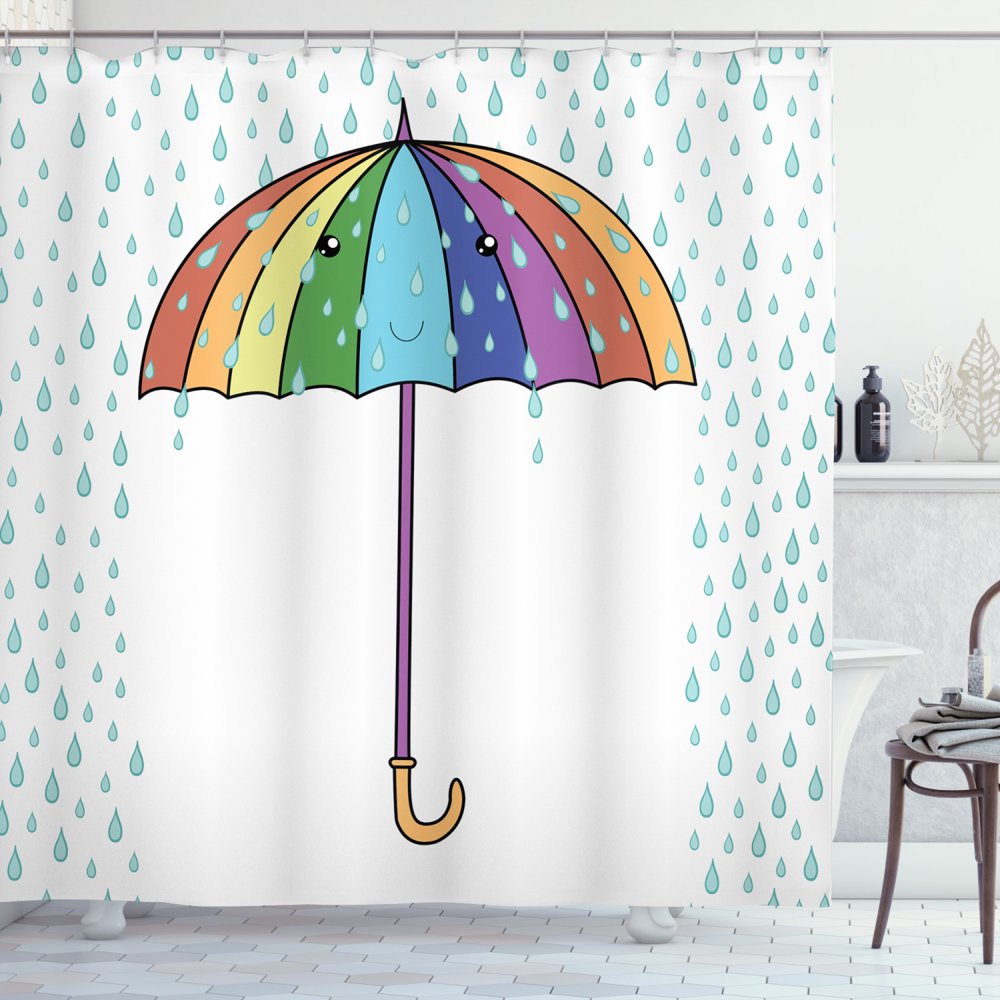Rain Shower Curtain, Joyful Autumn Season Theme Cartoon Umbrella in