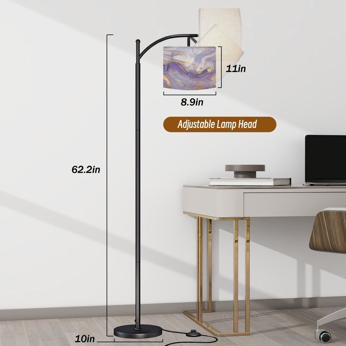 Arc Floor Lamps Abstract lavender liquid marbled watercolor golden lines stains Violet Modern LED Adjustable Lampshade Standing Light for Living Room Reading Bedroom Office