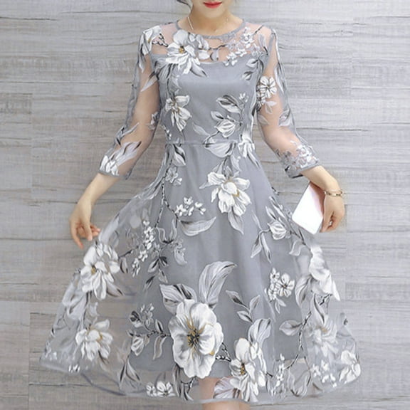 IDALL Summer Dresses,Petite Dresses Women's Summer Organza Floral Print Wedding Party Ball Prom Gown Cocktail Dress Hawaiian Dresses,Modest Dresses,Tulle Dress Gray Dress L