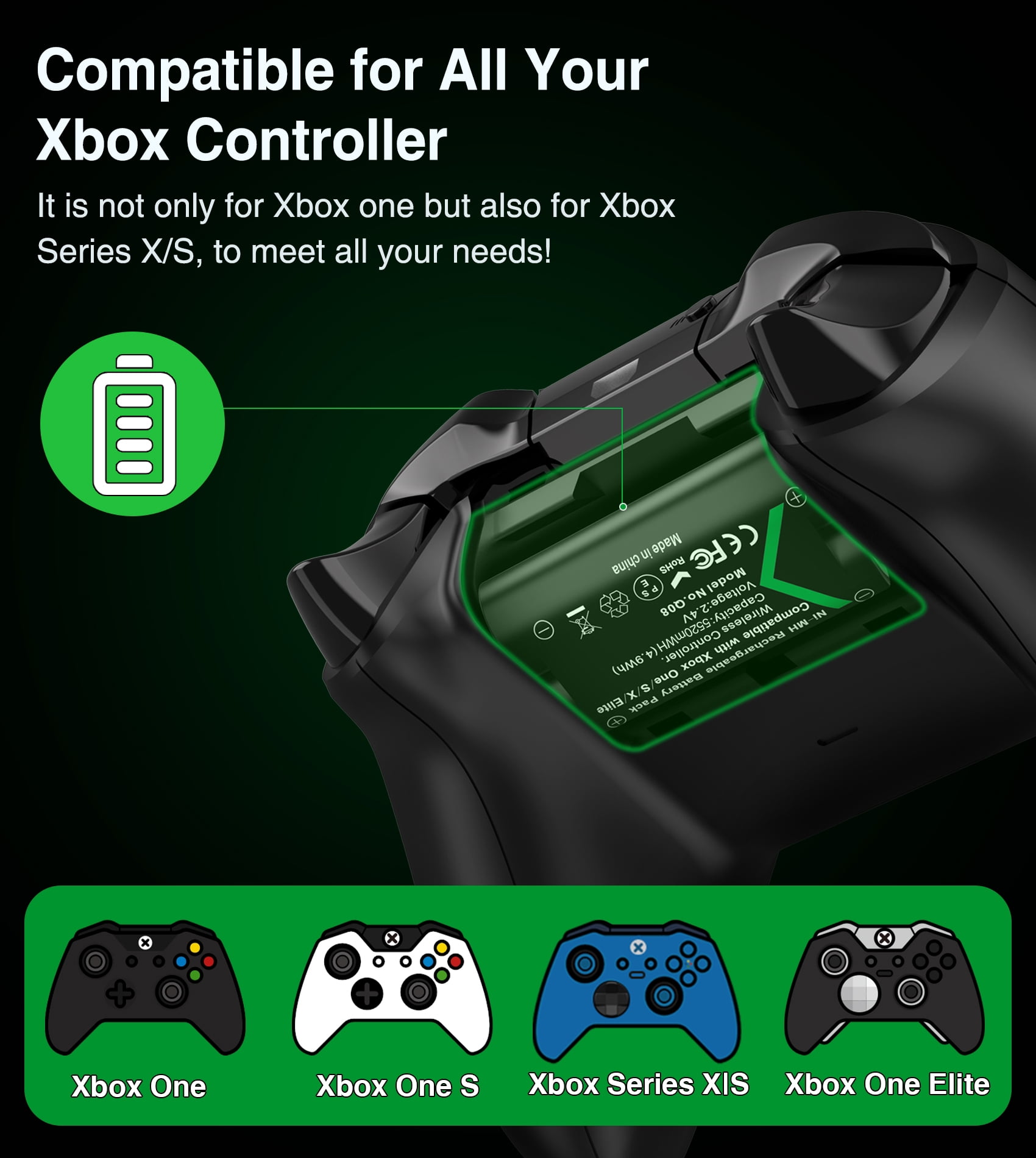 BEBONCOOL Batería Recargable para Controlador Xbox Series X con 3 Modos de Carga, Batería de Controlador 2x2550 mAh (5520mWh) para Accesorios Xbox Series S,Xbox One