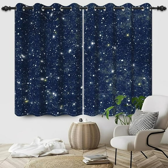 Starry Night Galaxy Curtains For Kids Bedroom, Dark Blue Space Themed Blackout Pannels And Drapes, Light Blocking Window Curtain With Grommets 26"W x 63"L (Pack of 2)