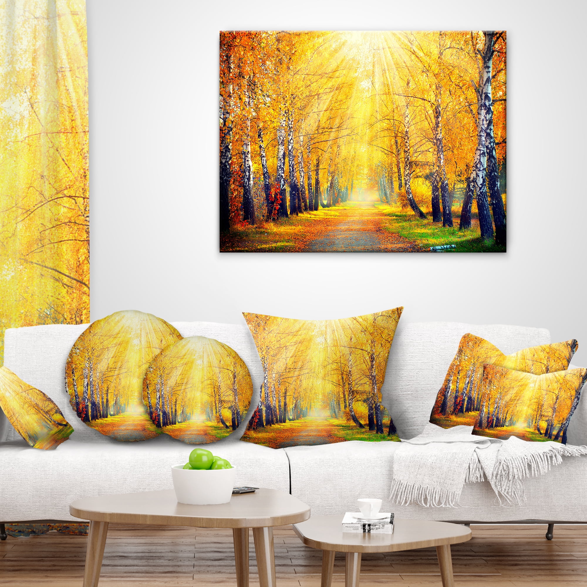 Designart Yellow Autumn Trees in Sunray - Landscape Printed Throw Pillow - 16x16
