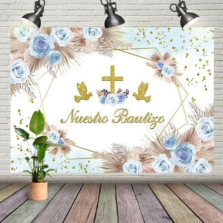 Boho Mi Bautizo Backdrop for Boy Nuestro Bautizo Baptism God Bless First Holy Communion Background Blue Flower Golden Dots Photography Baby Shower Banner Party Decorations Supplies