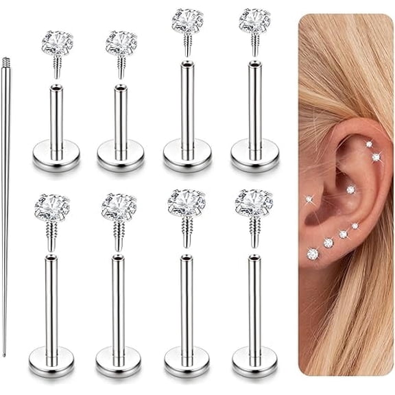 Terandius 16G 18G Flat Back Earrings Studs-Hypoallergenic Surgical Stainless Steel Cartilage Earring for Women Internally Threaded Cubic Zirconia Nose Stud Lip Medusa Tragus Helix Piercing Jewelry