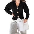 thumbnail image 3 of Cropped Cardigan Sweaters for Women V Neck Long Sleeve Gold Button Down Knit Cardigan Tops Black L, 3 of 9