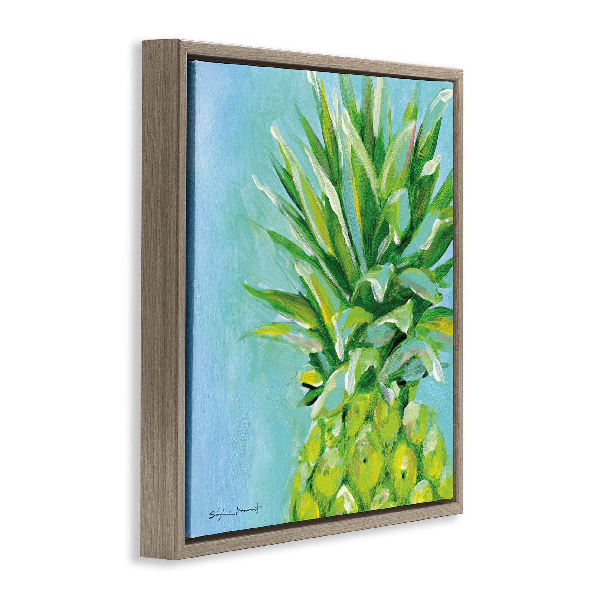 Stupell Industries Tropical Pineapple on Blue Food & Beverage Painting Brown Floater Framed Canvas Art Print Wall Art, 25 x 25
