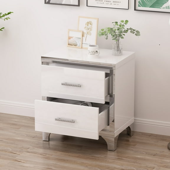 Xukmct High Gloss Nightstand with Metal Handle, 2 Drawers Mirrored Bedside Table with for Bedroom, Living Room, White