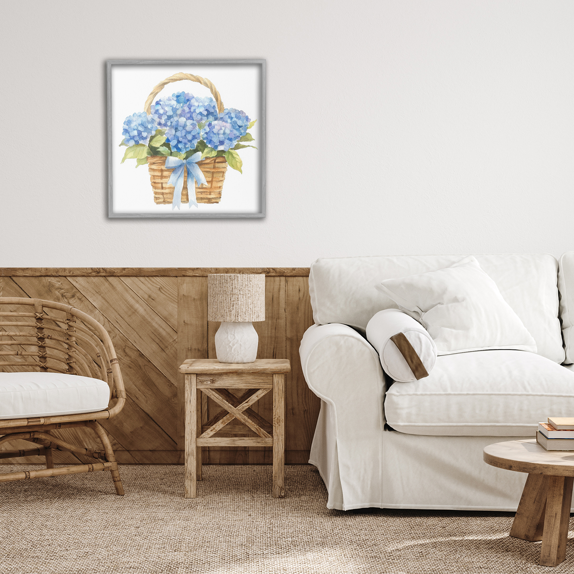 Stupell Industries Pretty Blue Hydrangea Picnic Basket Gray Framed Giclee Art, design by Petal Prints Design