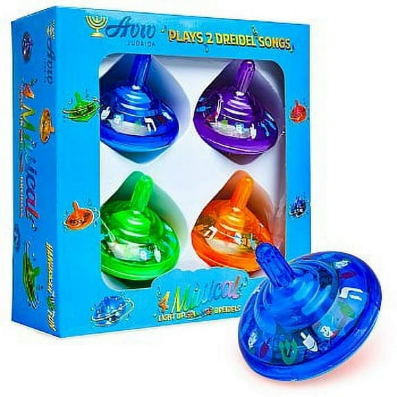 Hanukkah Dreidel - Musical Light Up Spinning Tops Set - Plays 2 Classic Hanukkah Songs - Assorted Colors 4 Pack