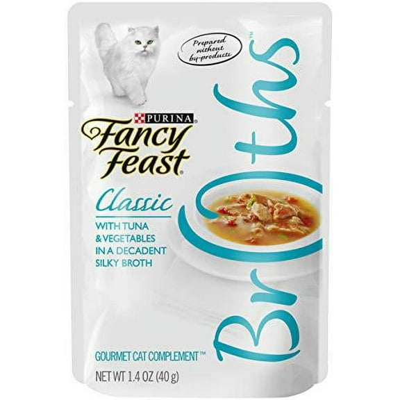 purina fancy feast wet cat food complement, broths classic with tuna & vegetables in a silky broth - (16) 1.4 oz. pouches