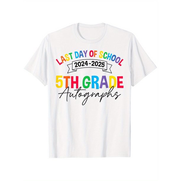 Boy Girl Last Day of School Autographs 5th Grade Graduation 2025 T-Shirt, Pure Cotton T-Shirt, Crew Neck, Short Sleeve, Geometric Print, Casual Pj's, Perfect Gift for Boys & Girls