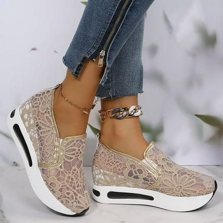 

uikmnh Women Shoes Floral Embroidered Mesh Panel Slip On Wedge Sneakers For Women Flowers Decor Causal Shoes Khaki 8