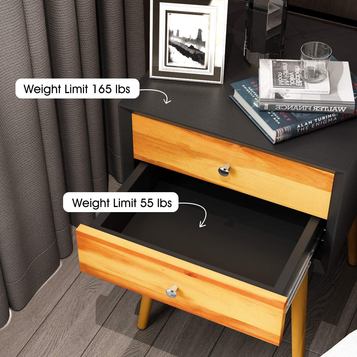 Giantex End Side Table Nightstand with Storage Drawer and Shelf, Wood Nightstand with 2-Drawers, Solid Wood Legs Living Room Bedroom Furniture