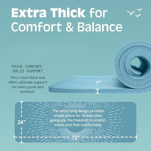 Solana Yoga Mat 1" Thick w/Nylon Strap for Men & Women - Non Slip Exercise Mat for Home Yoga, Pilates, Stretching, Floor & Fitness Workouts Blue Mist,1 inch