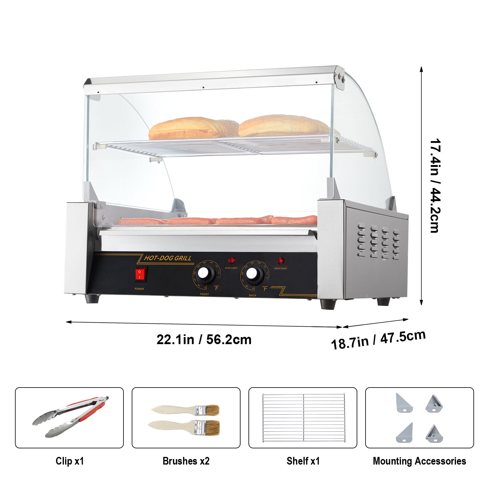 KFFKFF Backsplash Shelf 1650W Electric 30 Hot Dog 11 Roller Grill Cooker Machine