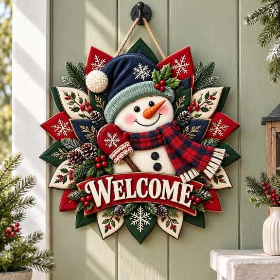 Snowman Door Sign, Rustic Wood Front Door Decor for Christmas