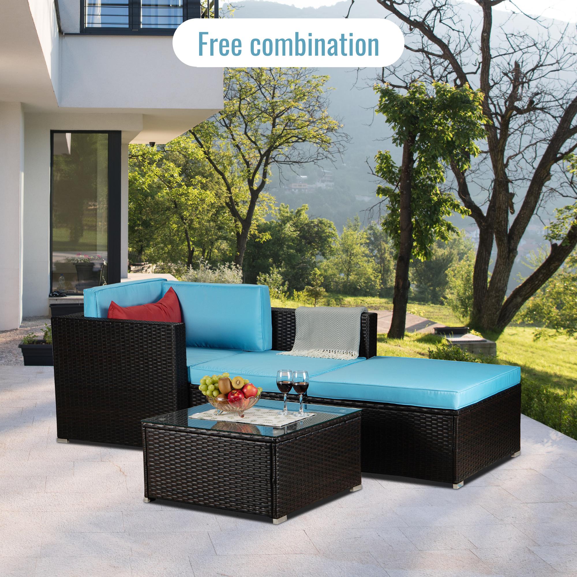 4 Piece Outdoor Patio Furniture Set, All-weather PE Rattan Wicker Sectional Sofa Set with Navvy Cushions and Red Pillow, Outdoor Conversation Couch Set for Backyard Garden Poolside Porch, Brown - image 4 of 21